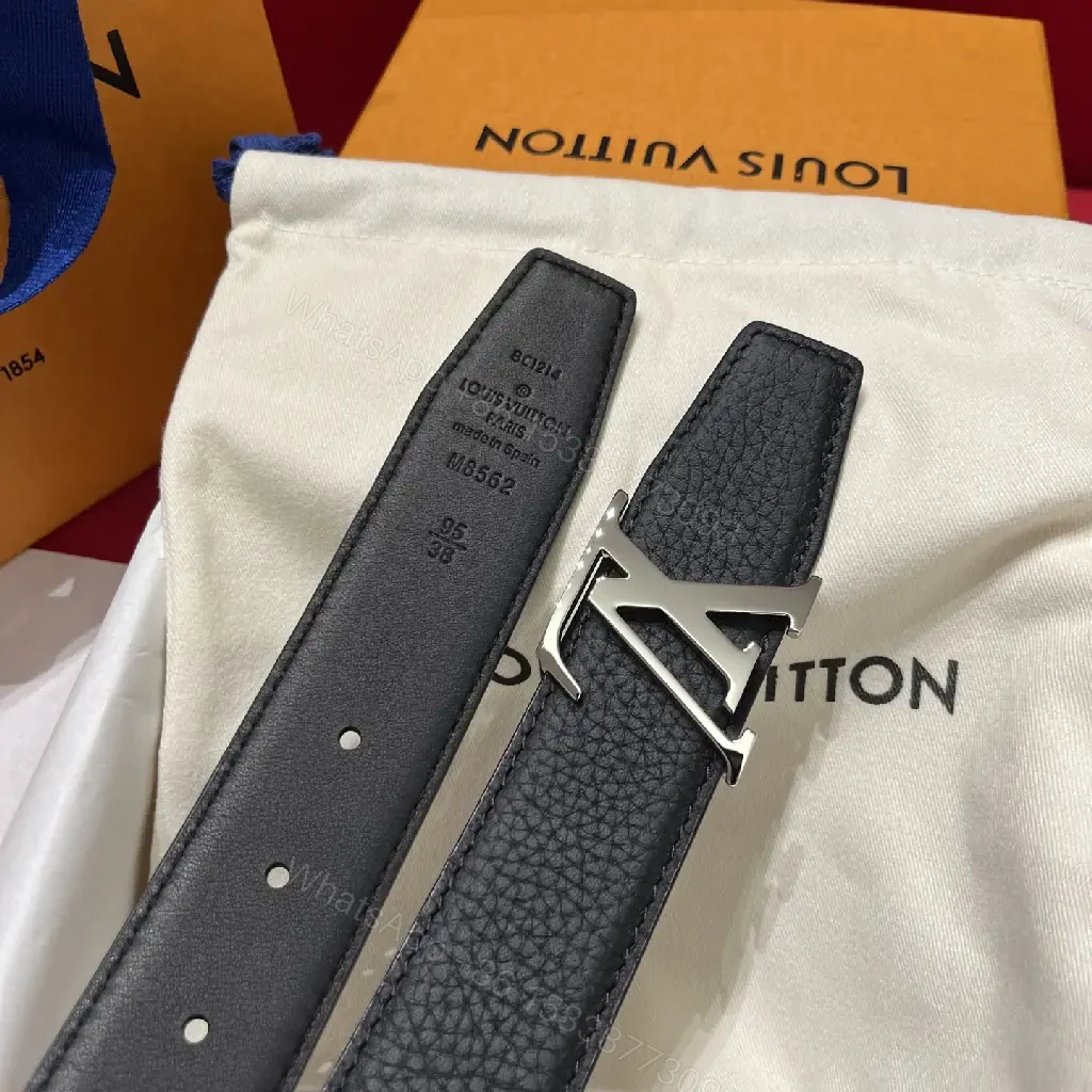 View 2 of Black Leather Pebbled Belt with Bold Silver LV Buckle