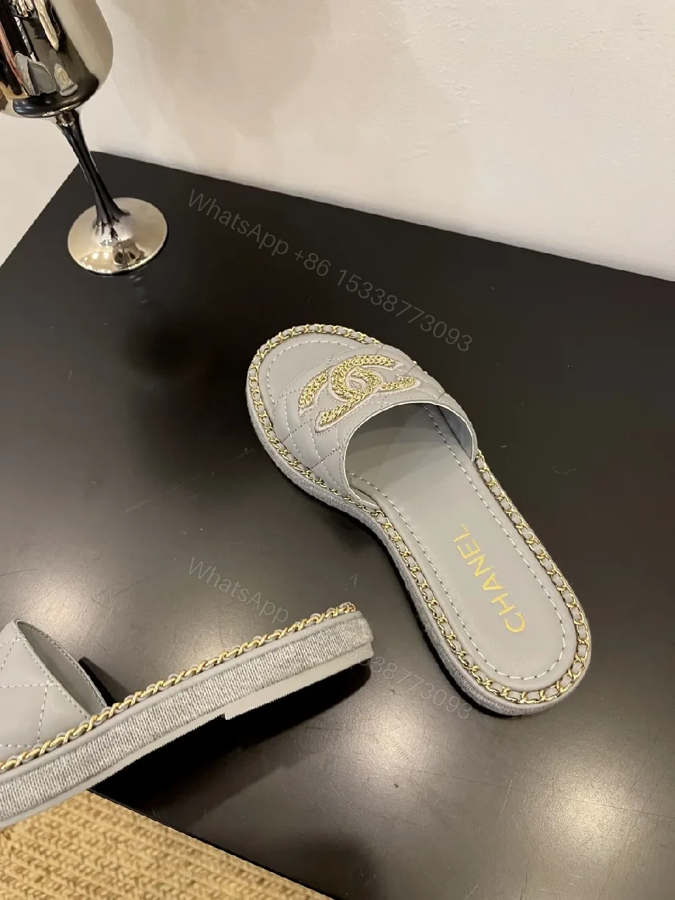 View 8 of Grey Leatherette Embellished Slide — Luxe, Cushioned, Slip-On