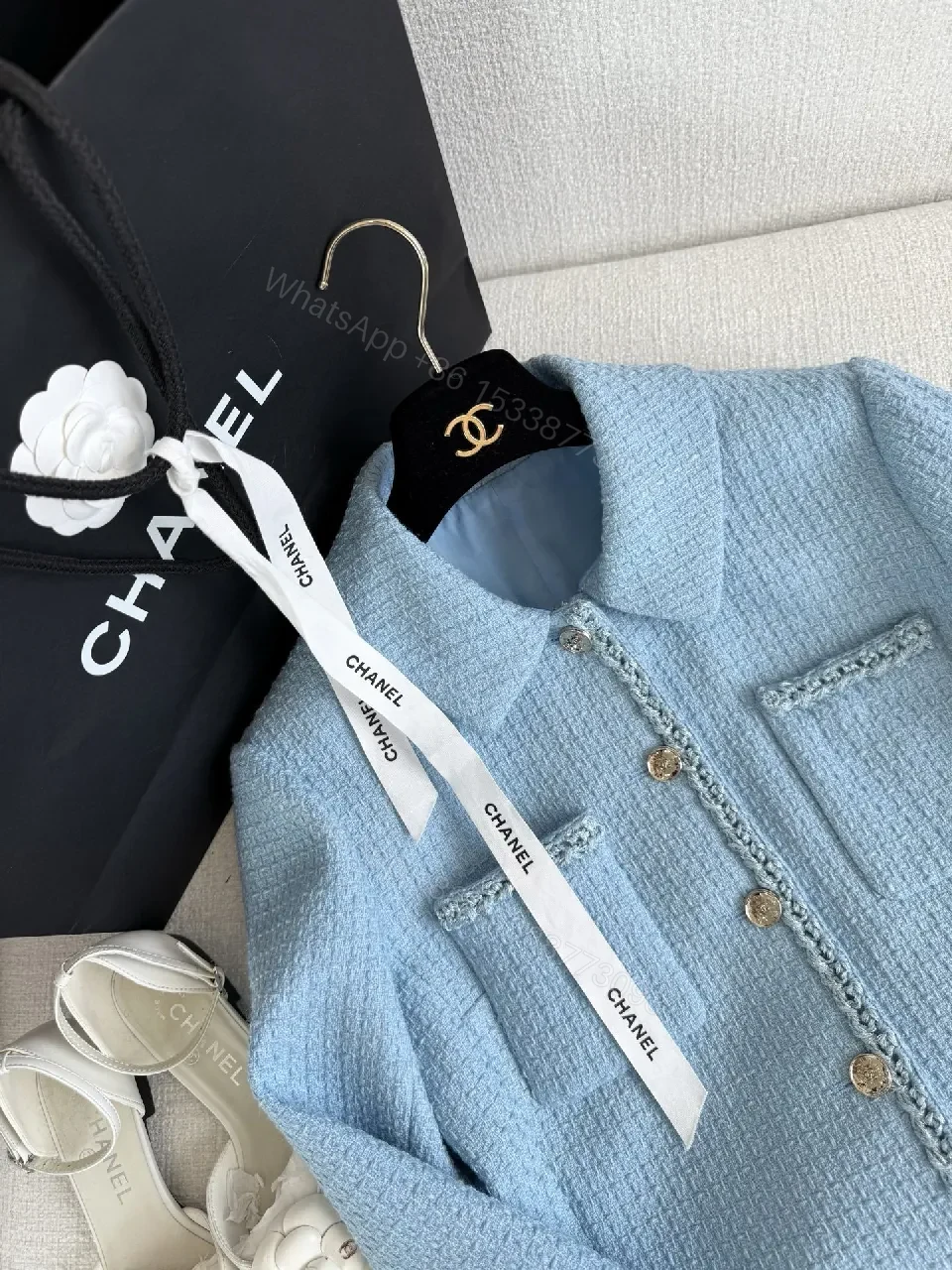 View 3 of Soft Blue Tweed Jacket with Fringe Detail, Light-Cropped Style