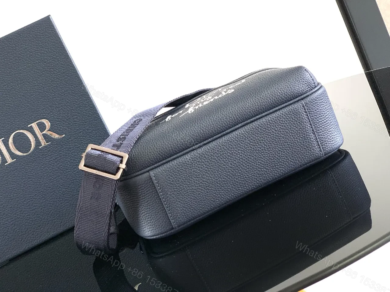 View 3 of Navy Leather Compact Messenger Bag: Mini Dior-Influenced Style