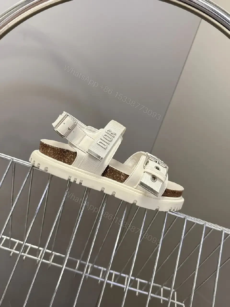View 5 of White Leather Sandals, Combat Buckle, Dior Inspired Style, Open Toe Sandals