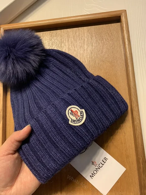 View 4 of Navy Rib Knit Beanie with Plush Pomâ€”Moncler Luxe Gift Box