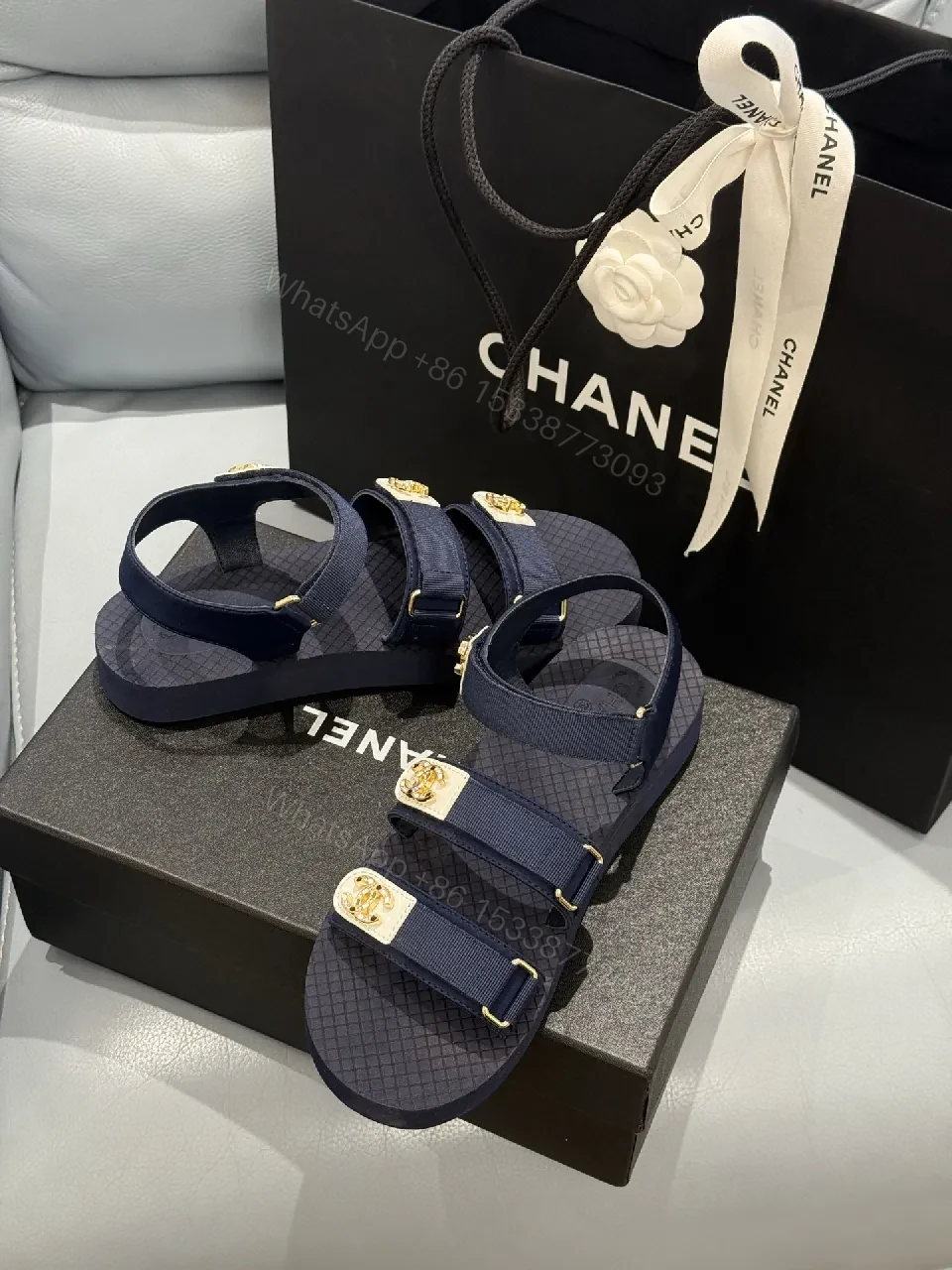 View 3 of Navy Leather Sandals with Gold Accents, Luxe Casual Style