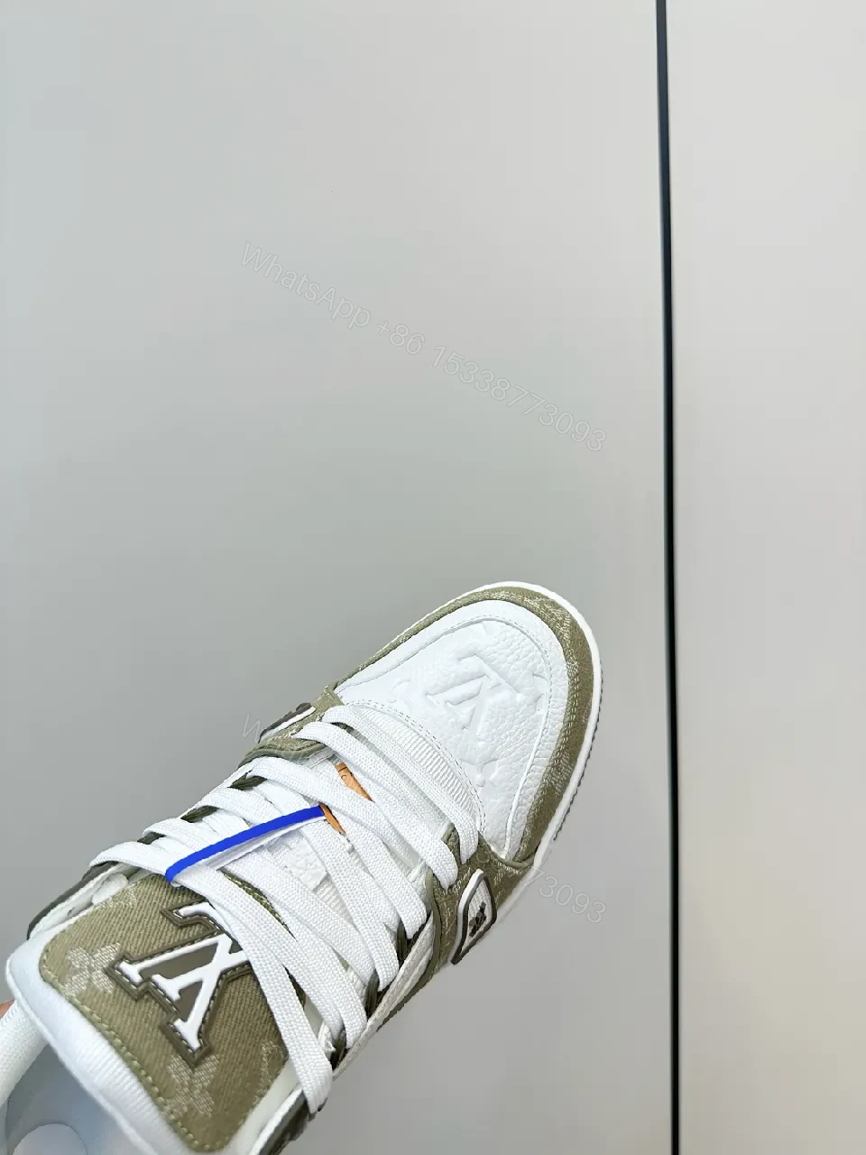 View 5 of White & Olive Luxury Sneakers: Modern Texture, Subtle LV-Inspired Details