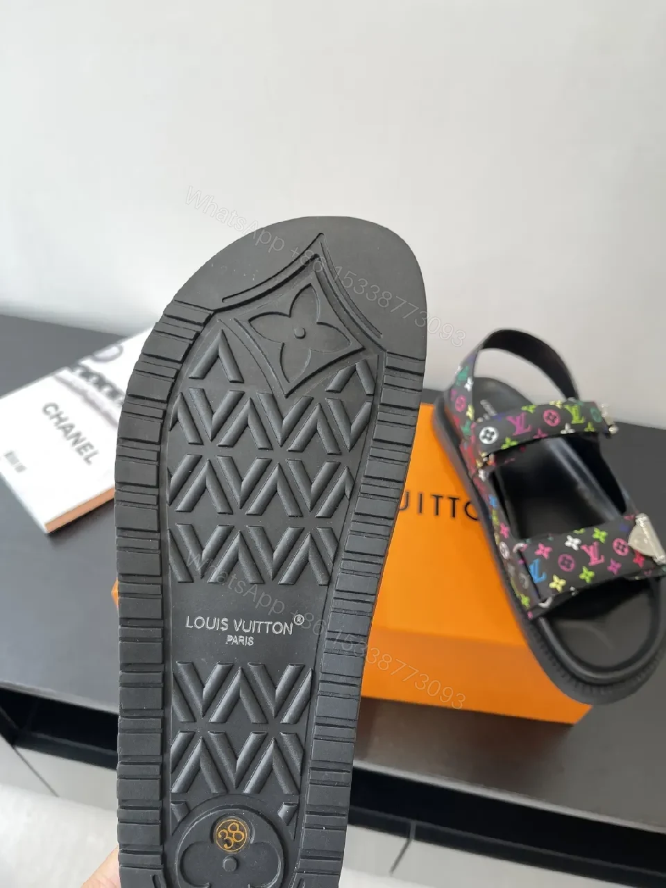View 6 of Bold Patterned Strap Sandals with Rainbow Monogram Logo