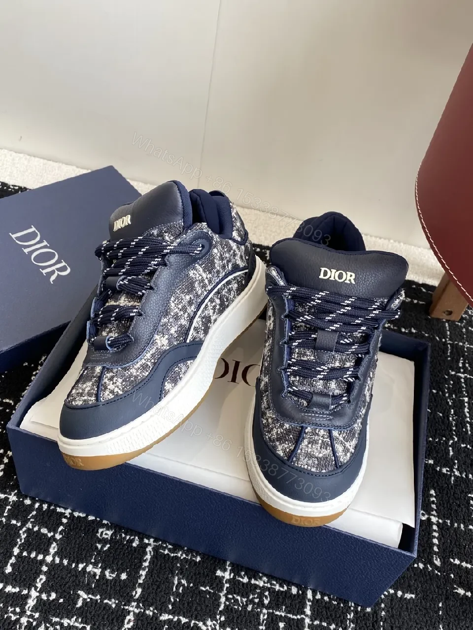 View 4 of Navy Tweed-Texture High-Top Sneakers with Luxe Accents