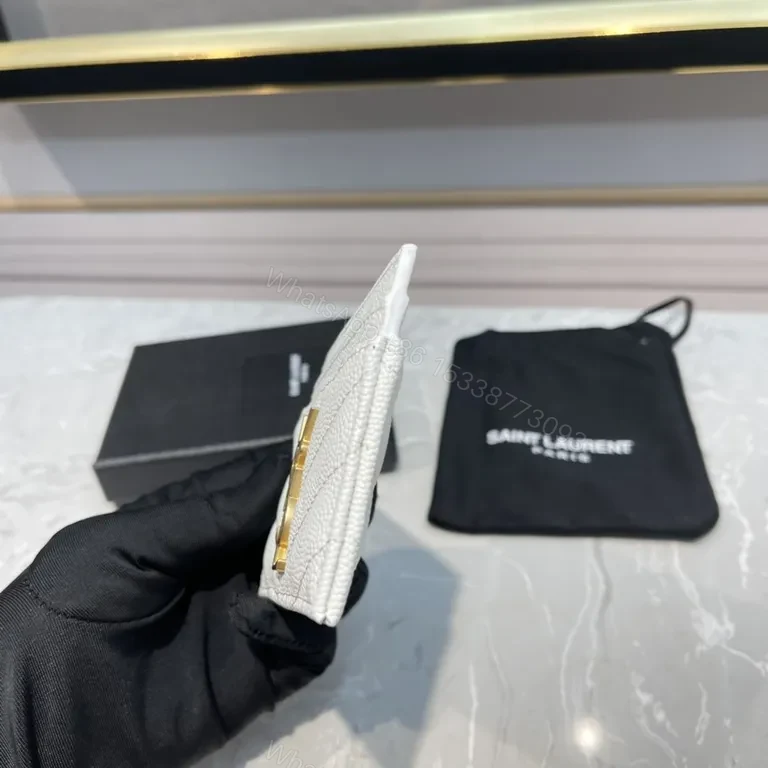 View 5 of White Textured Leather Cardholder with Gold YSL Emblem