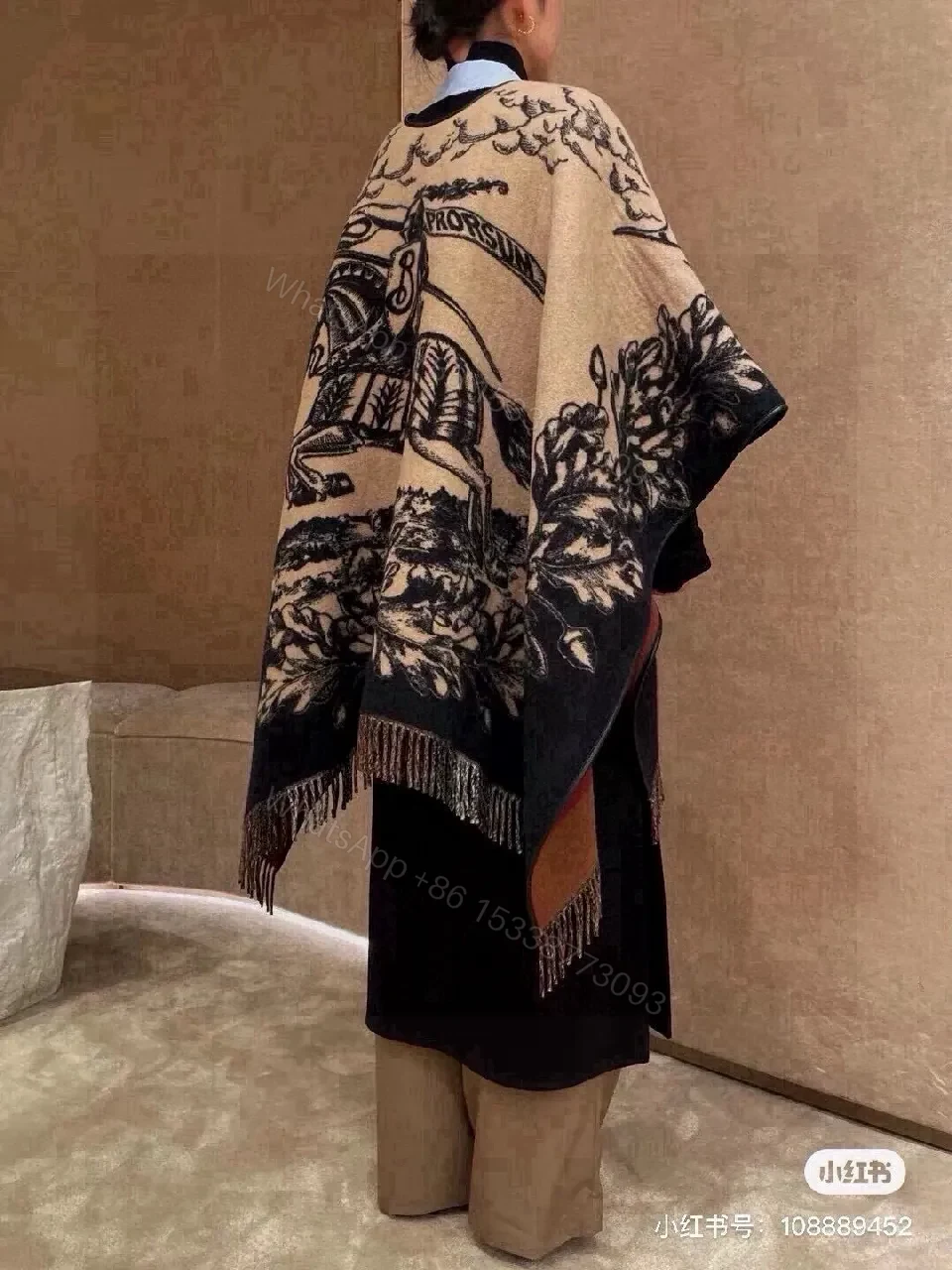 View 3 of Camel & Black Wool-Blend Fringe Wrap Cardigan