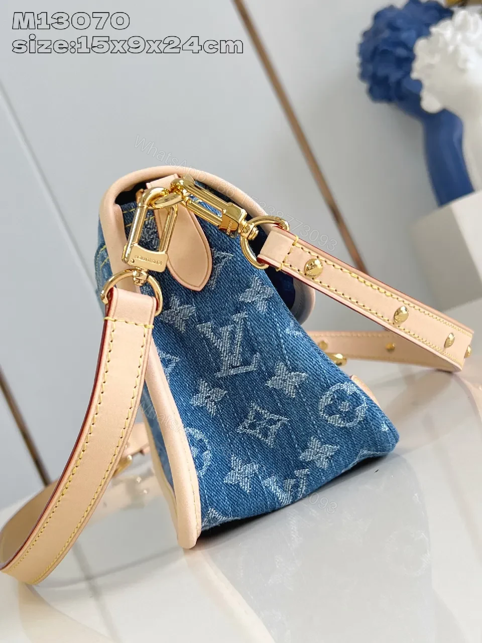 View 5 of Denim Crossbody Monogram Leather Trim Bag, Compact Style
