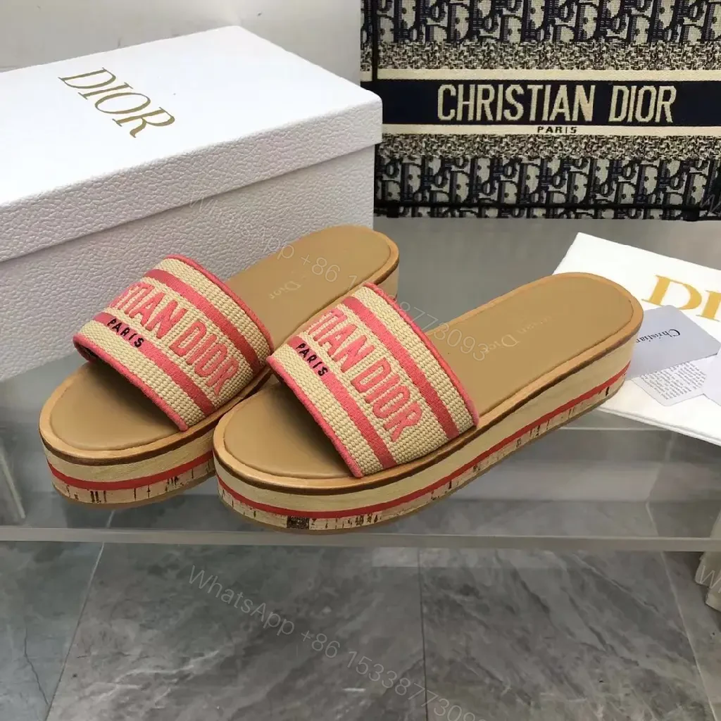 View 6 of Red-Tone Canvas Slide Sandals with Striped Band, Dior-inspired
