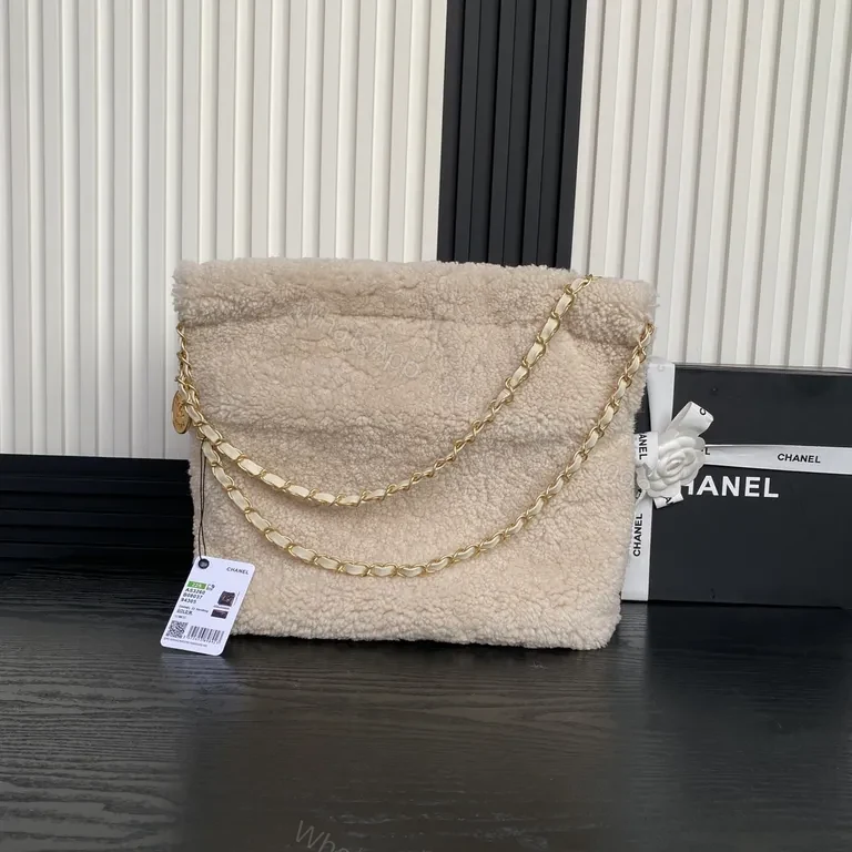 View 7 of Chanel-Inspired BouclÃ© Crossbody Bag in Cream with Gold Chain