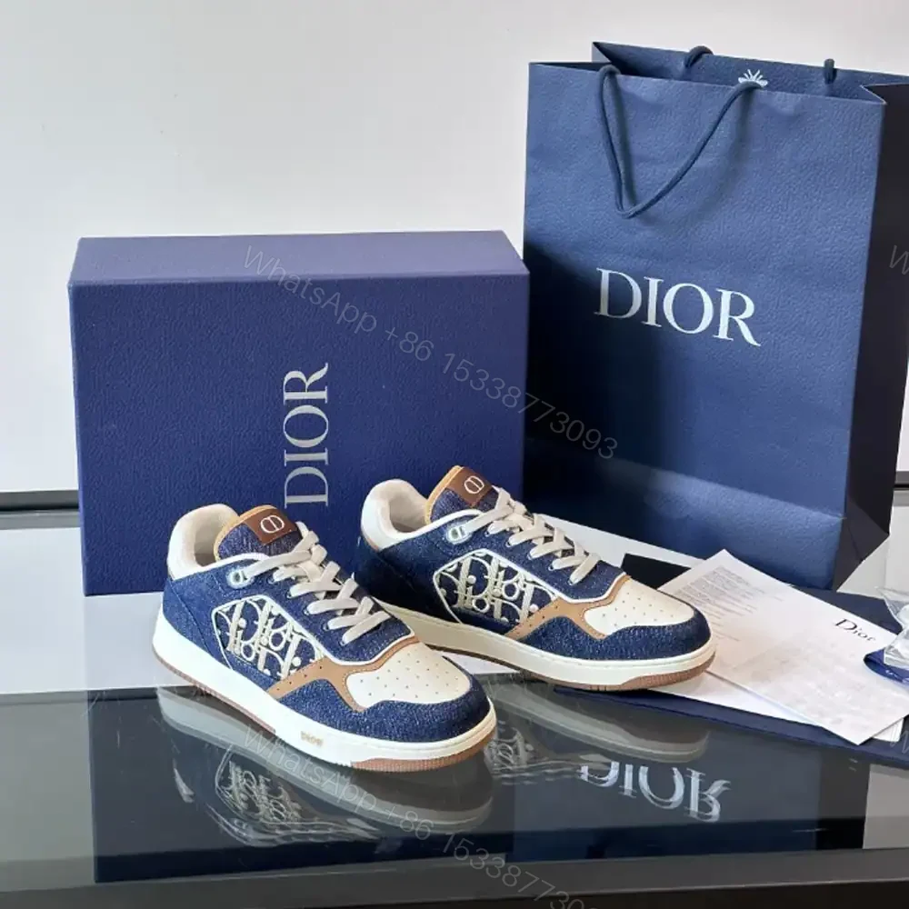 View 2 of DIOR B27 UPTOWN SNEAKERS BLUE DENIM WITH BEIGE AND COGNAC SMOOTH CALFSKIN – CD216