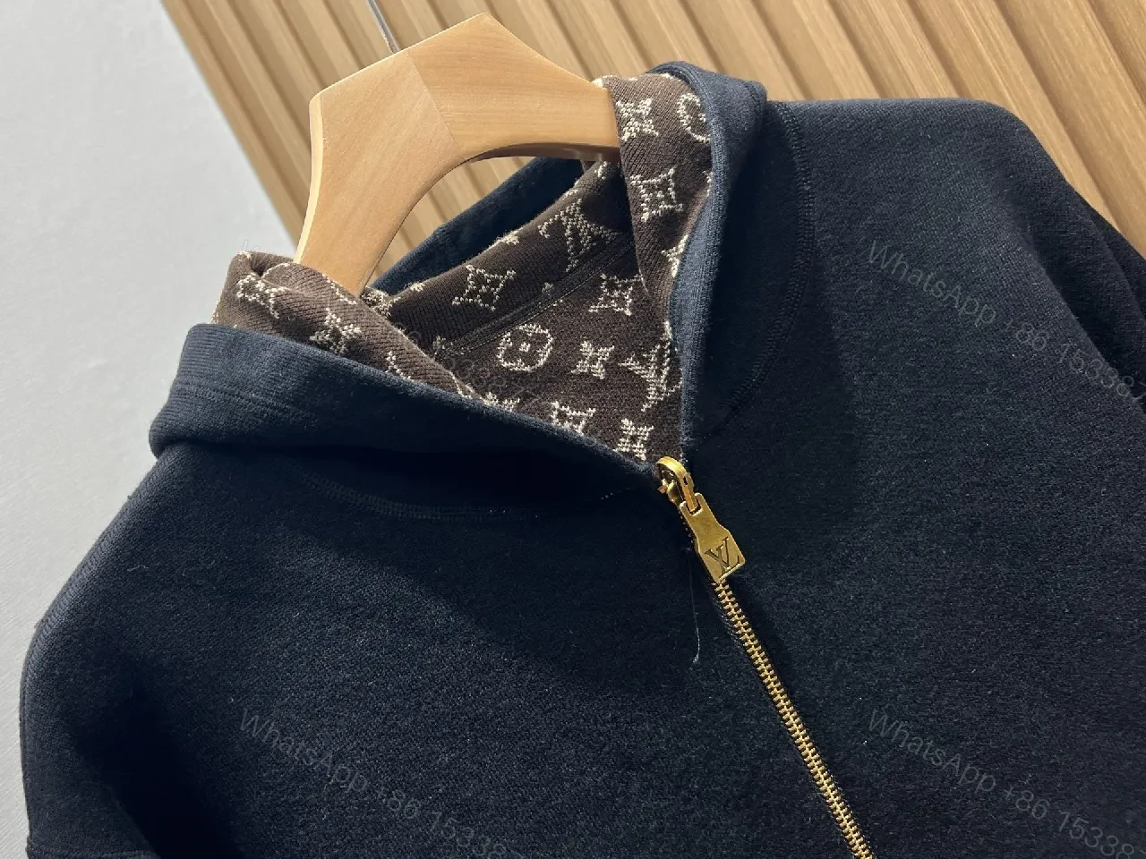 View 6 of Black Knit Zip Hoodie with Subtle LV Patch
