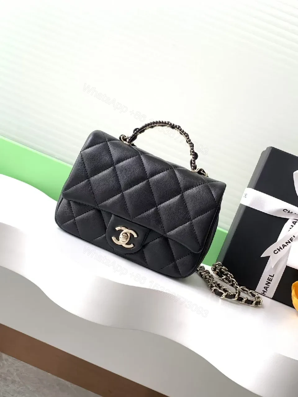 Quilted Leather Crossbody Bag: Gold Logo Charm — view 1