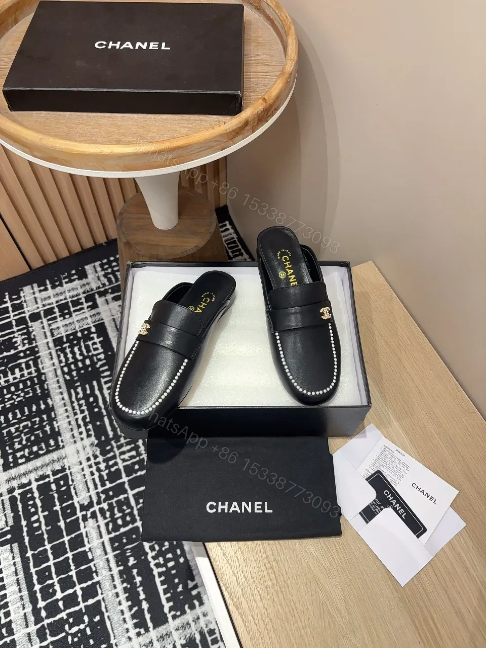 View 5 of Pearl-Trim Leather Mules – Black, Gold Hardware, Luxury Style