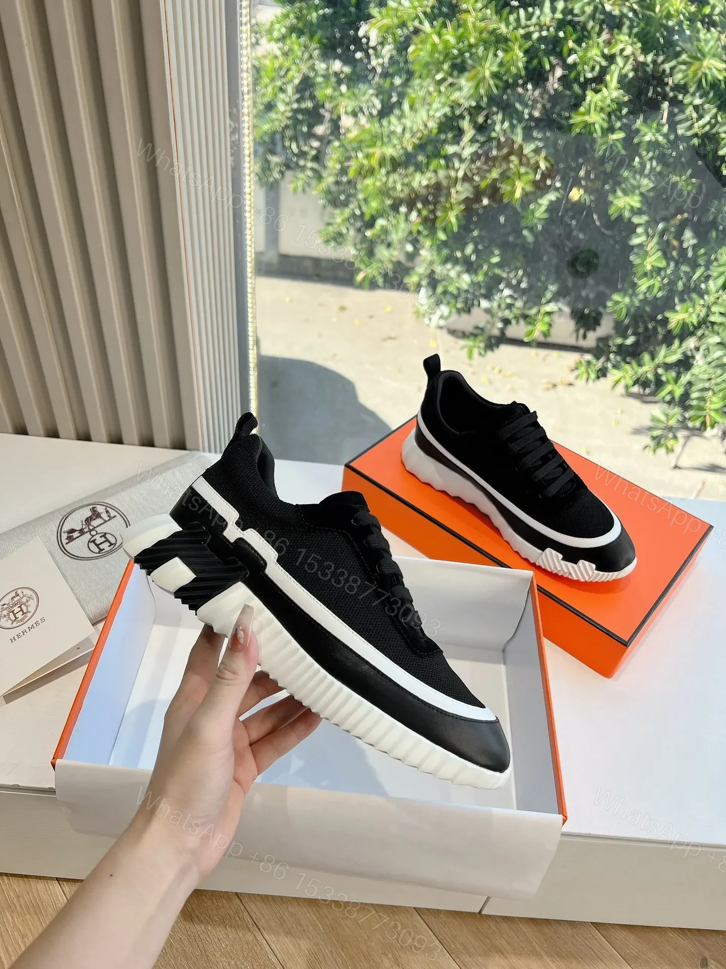 View 5 of Hermes Women Black Mesh And Leather Sneakers
