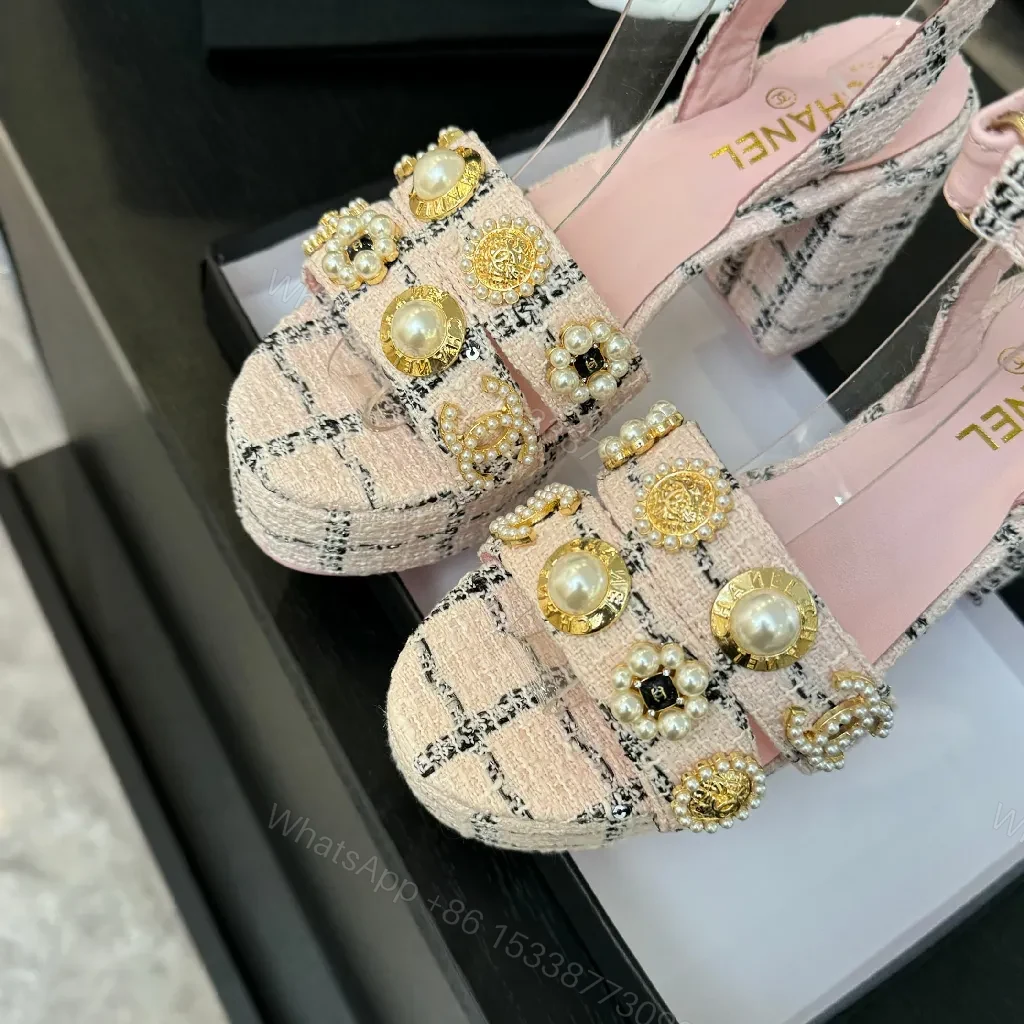 View 6 of Chanel-Inspired Pink Tweed Slingback Heels with Embellished Straps