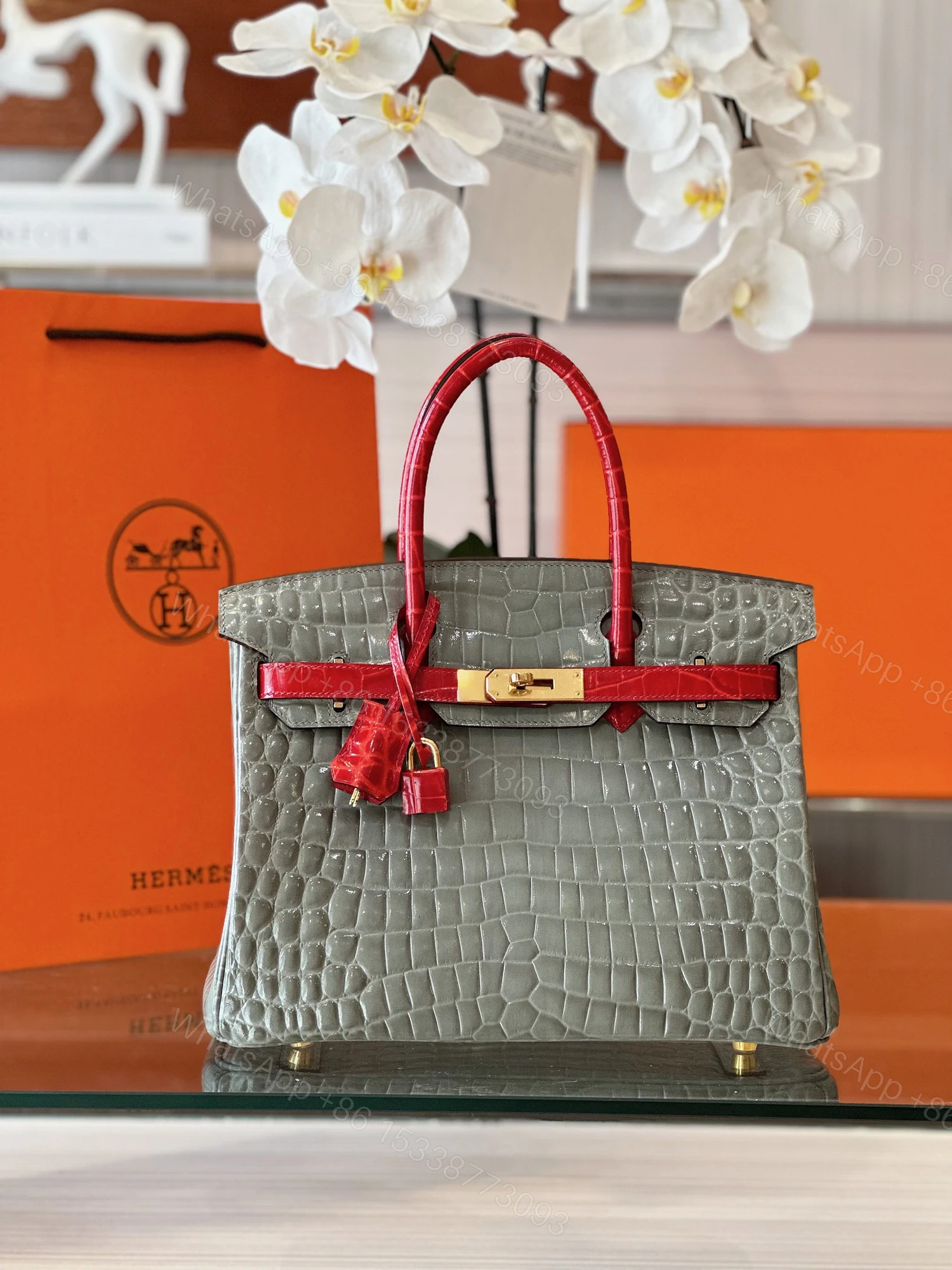 View 7 of Hermes Birkin Genuine Crocodile Leather Gray and Red Custom Made