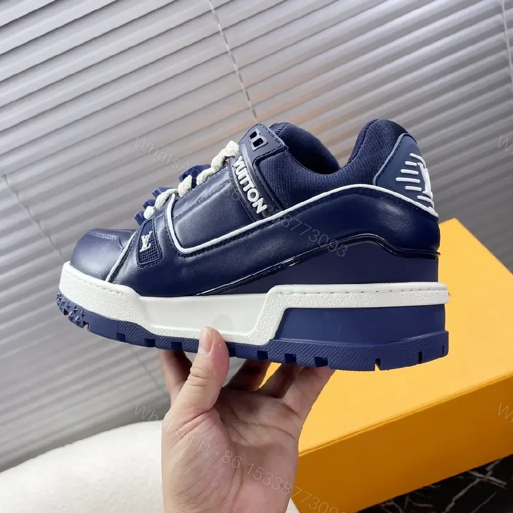 View 2 of Navy Leather High-Top Sneakers with Charms and LV-Inspired Accents