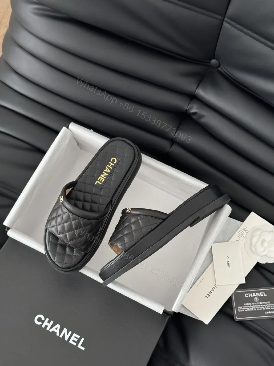 View 2 of Quilted Black Leather Slip-Ons with Gold Hardware – Ultra-Luxe Comfort