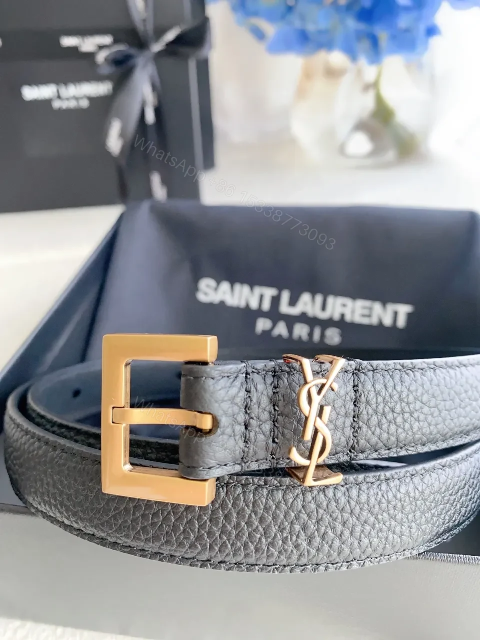 View 7 of Black Leather Belt with Matte Gold Buckle – Designer-Inspired Luxury Accessory