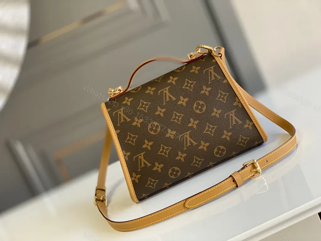 View 8 of Louis Vuitton-inspired Monogram Crossbody with Tan Leather Trim