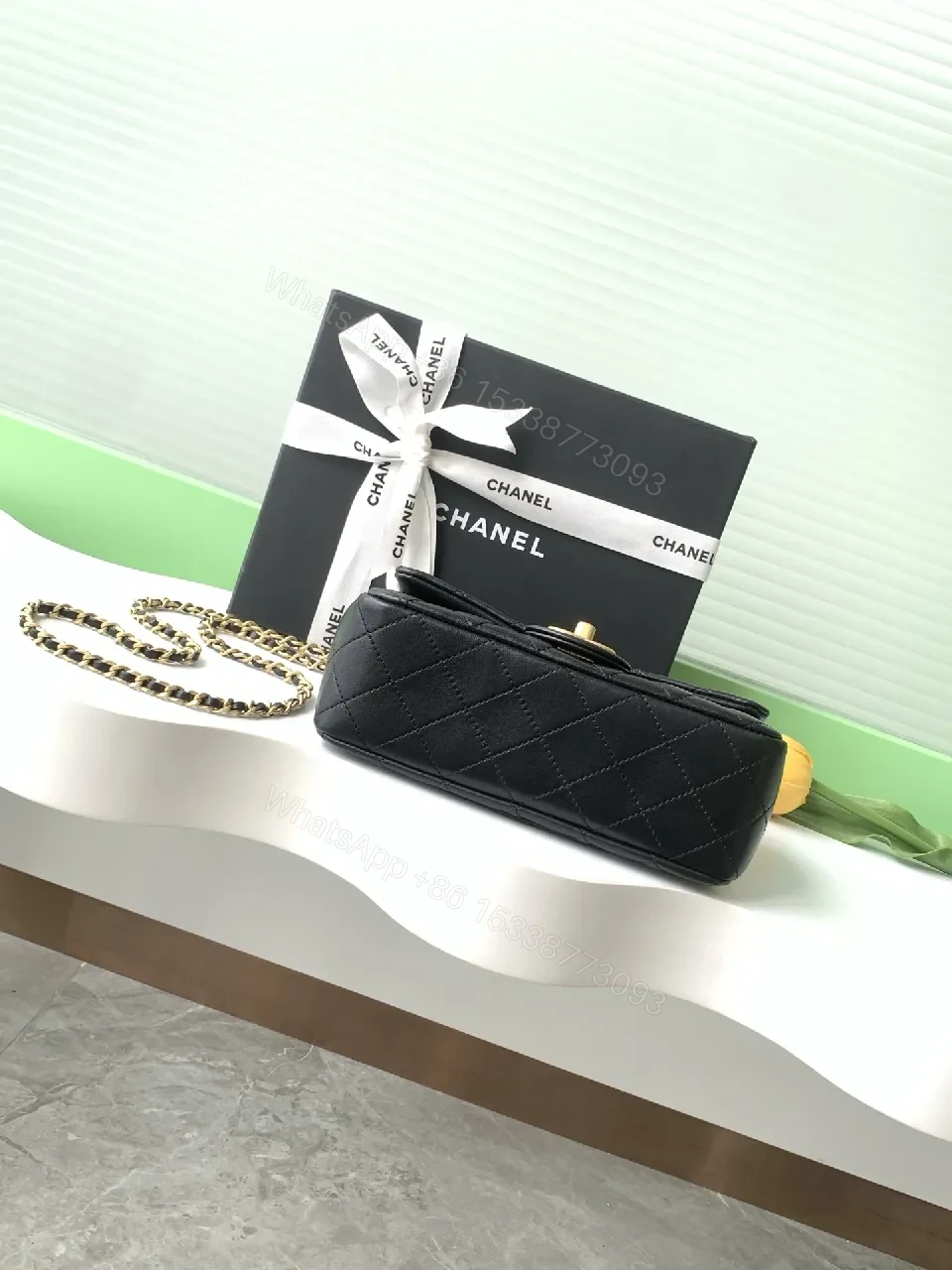 View 5 of Quilted Black Leather Crossbody, Gold Hardware, Luxury