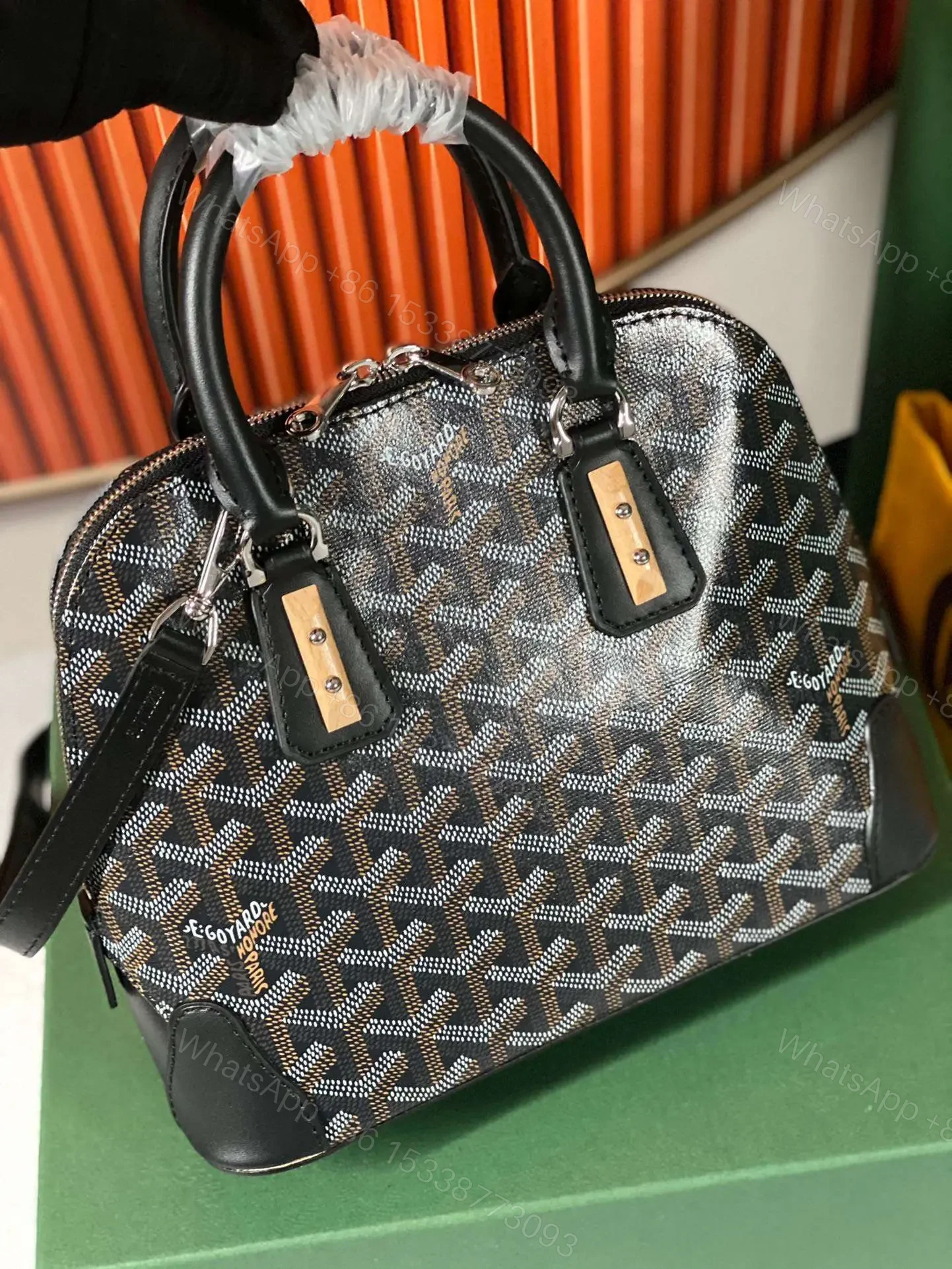 View 6 of Goyard Alma Vedome Black Replica Handbag With Fabric Wrapped Leather Strap 24cm