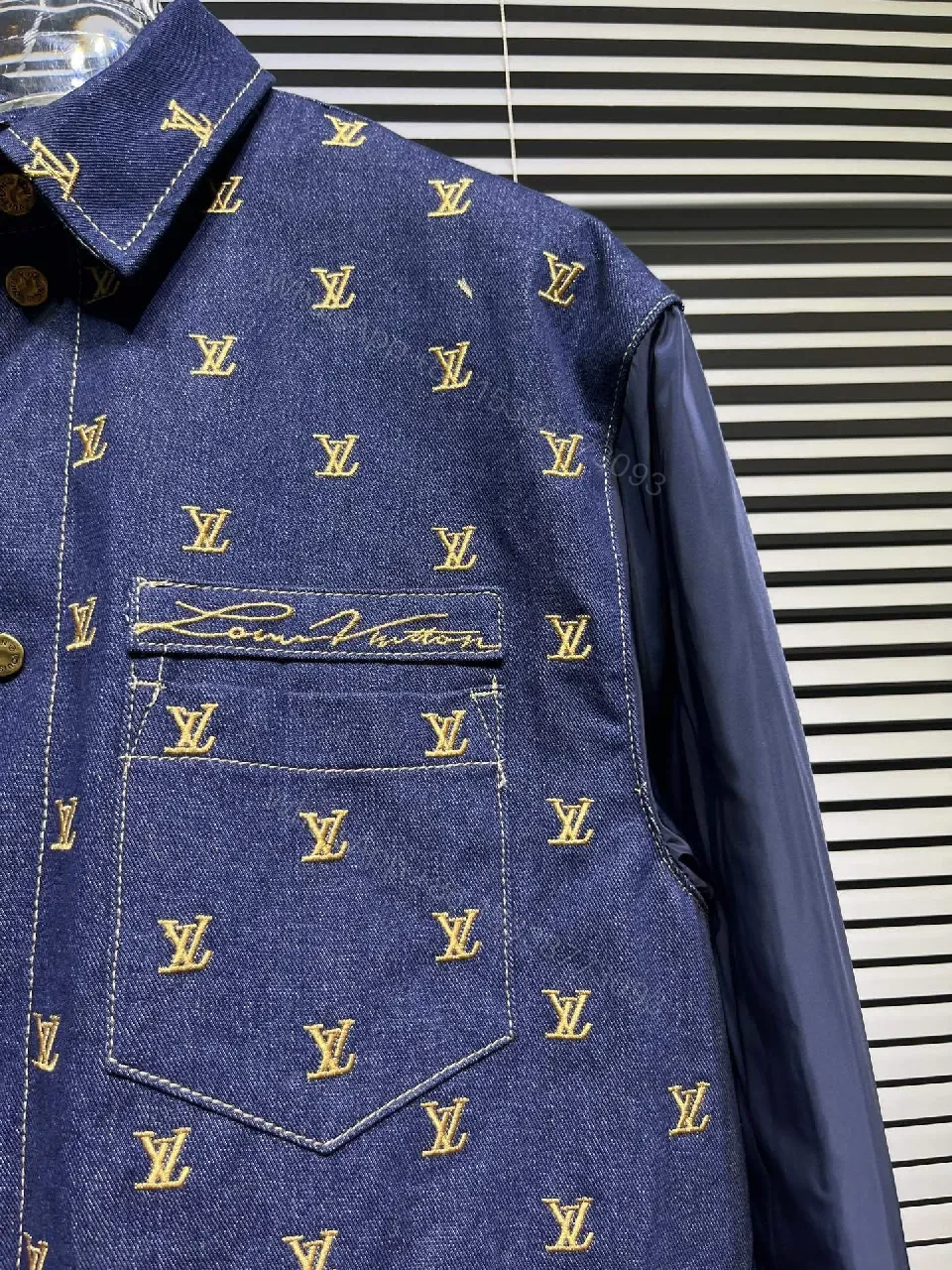 View 8 of Denim-Accent Zip-Front Jacket with Monogram Motif, Modern Texture