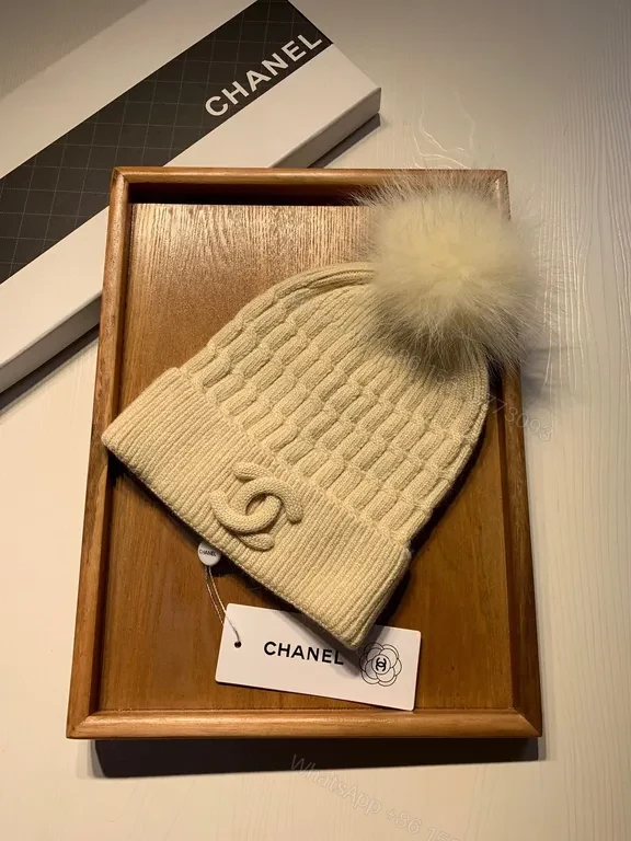 View 2 of Lux Knit Beanie with Fur Pom â€” Ivory, Chanel Charm, Luxury Style