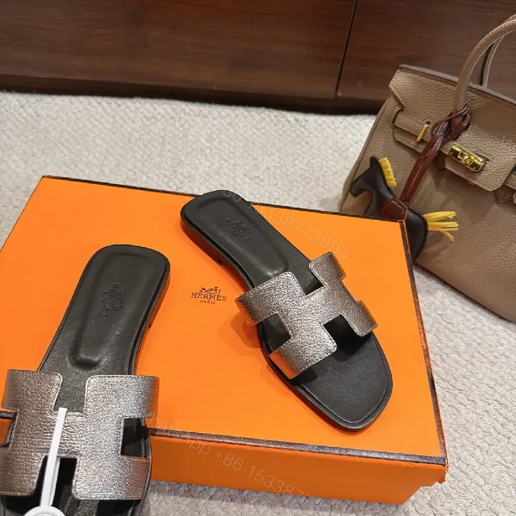 View 2 of Silver Hermès-Style H Sandals, Metallic Strappy Slide, Luxury Open Toe Slide