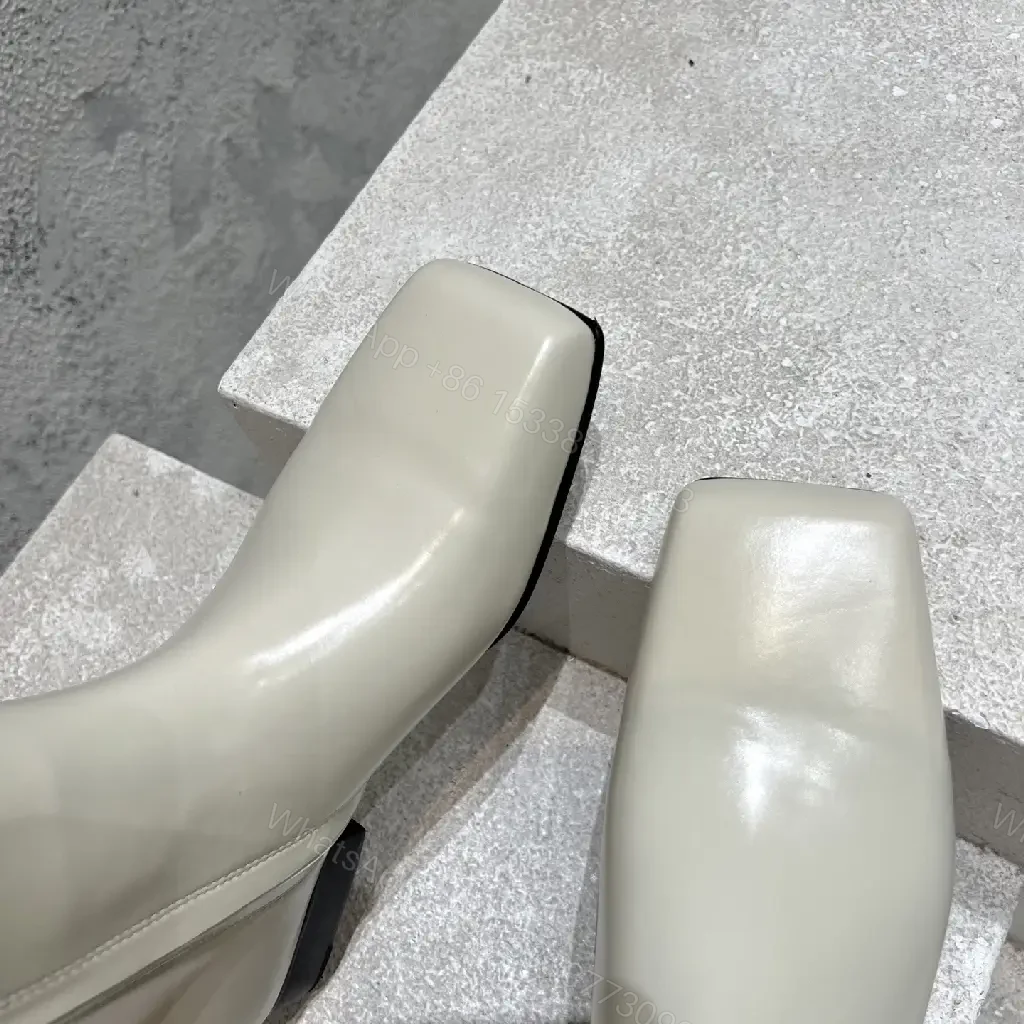 View 8 of Off-White Leather Ankle Boots with Square Toe and Zipper