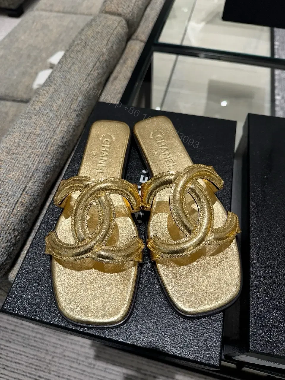 View 8 of Gold Leather Chanel-Style Chain Sandals