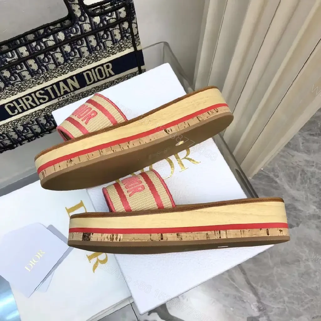 View 7 of Red-Tone Canvas Slide Sandals with Striped Band, Dior-inspired