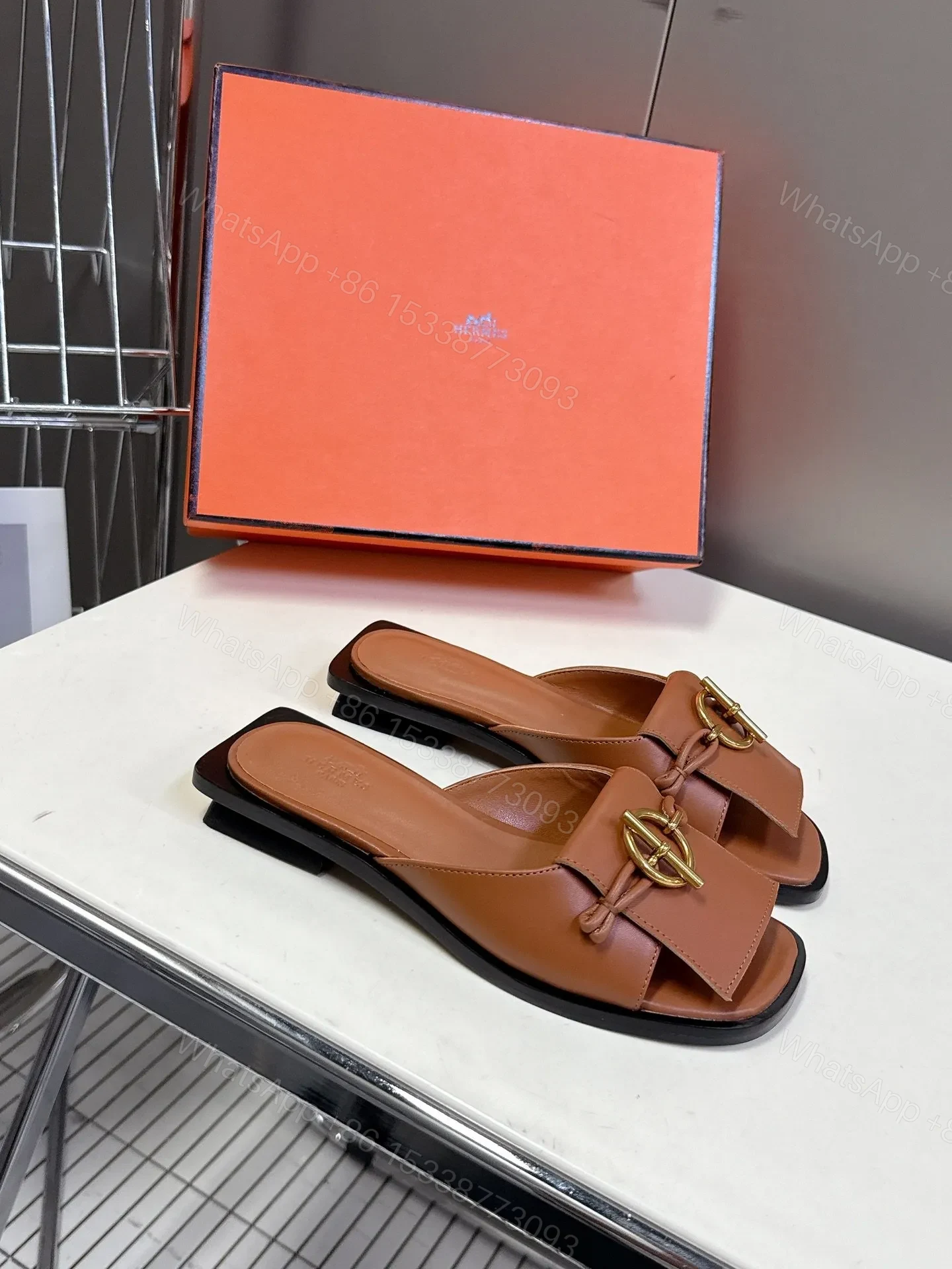 View 4 of Hermes Women Brown Leather Flat Mules