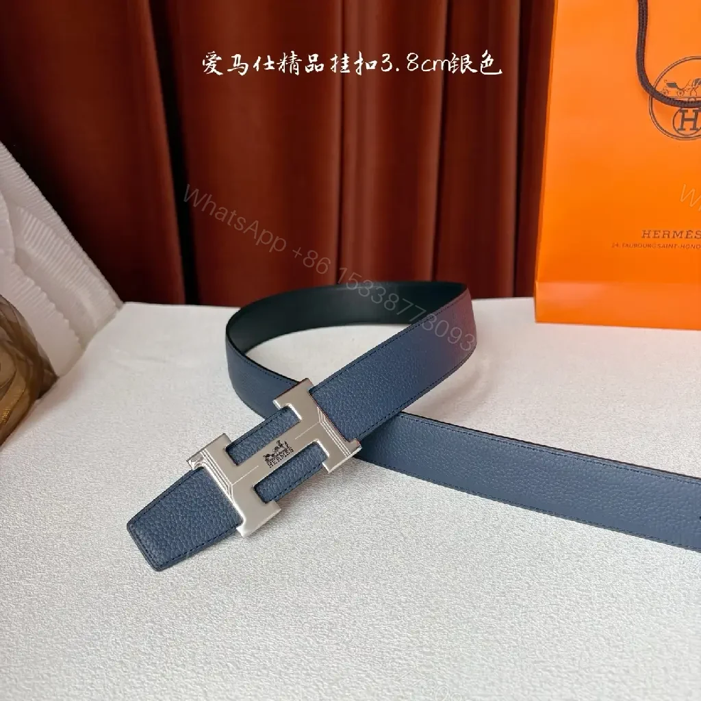 View 4 of Blue Leather Belt with H Buckle – Premium Everyday Luxury Belt