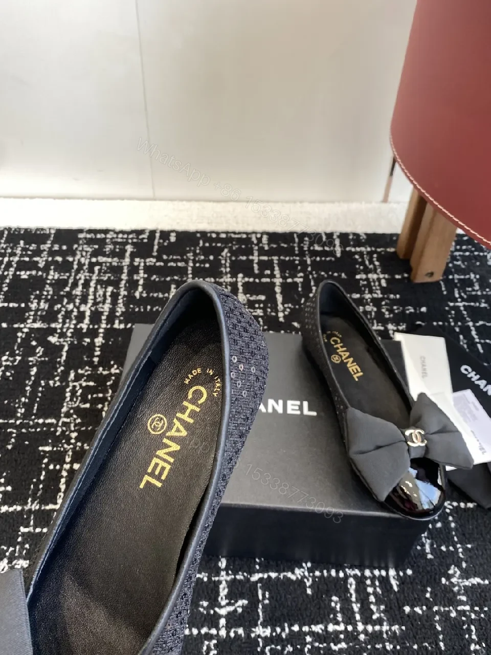 View 9 of Chic Black Patent Ballet Flats with Ribbon Bow Accent
