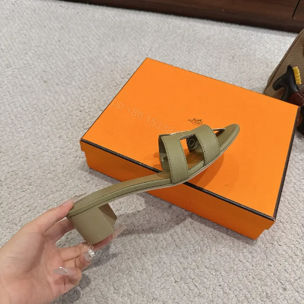 View 9 of Olive Green Leather H-Style Sandals Hermès Style Slide