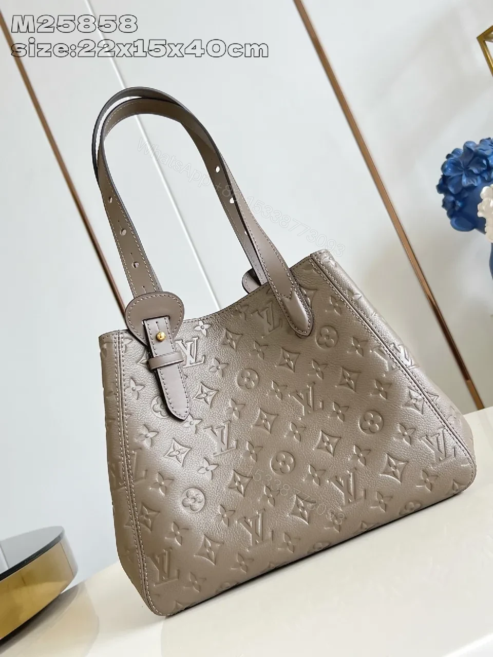 View 5 of Taupe Monogram Leather Tote: Structured Luxury Carryall
