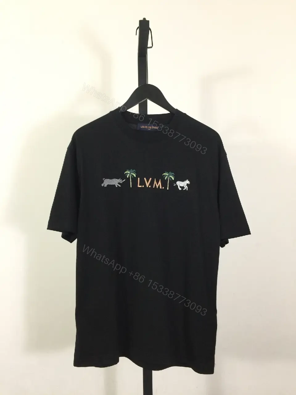 View 8 of Black Cotton Blend Palm Monogram Tee - Elevated Casual Staple