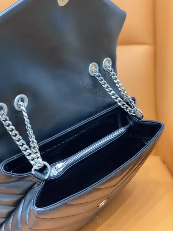 View 9 of Chevron-Quilted Black Leather Crossbody Bag with YSL Hardware