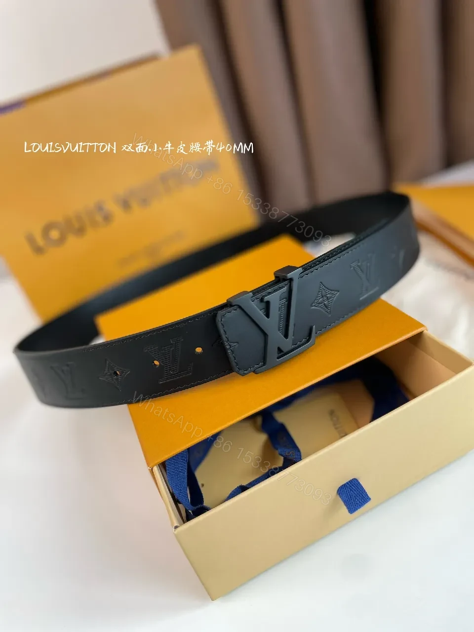 View 3 of Textured Black Leather Belt — Modern Monogram, Premium Grip