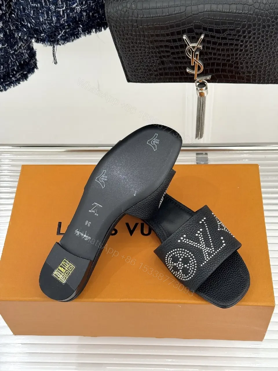 View 4 of Chic Leather Slide with Crystal Monogram Comfort Slips