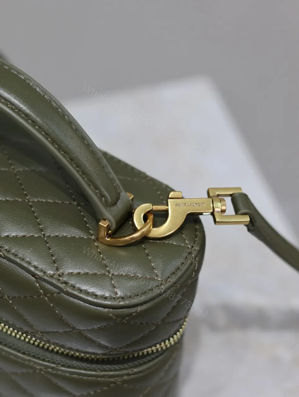 View 2 of Compact Olive Quilted Crossbody with Gold Hardware