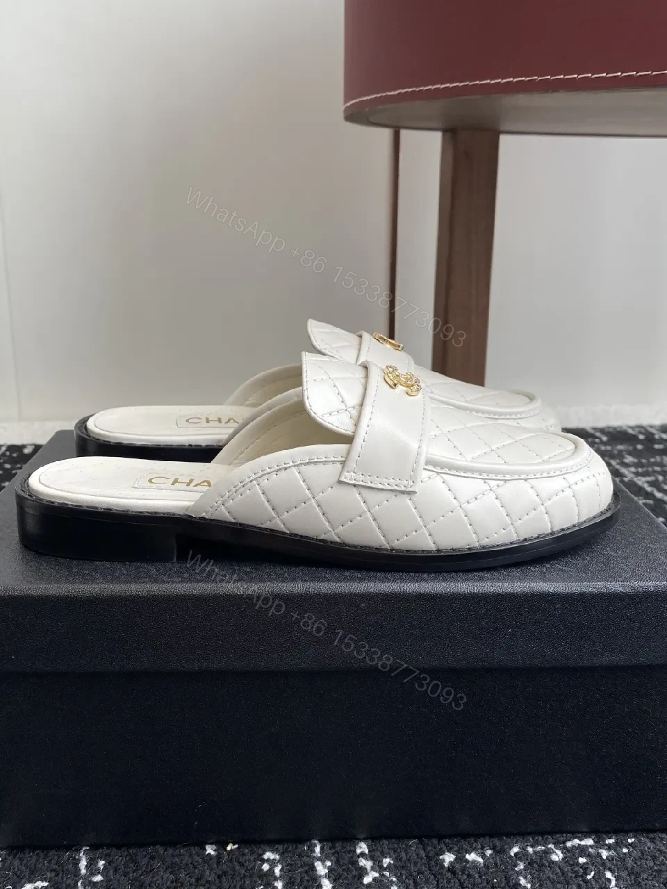 View 6 of Quilted White Leather Slides - Gold Hardware Luxury Slip-Ons