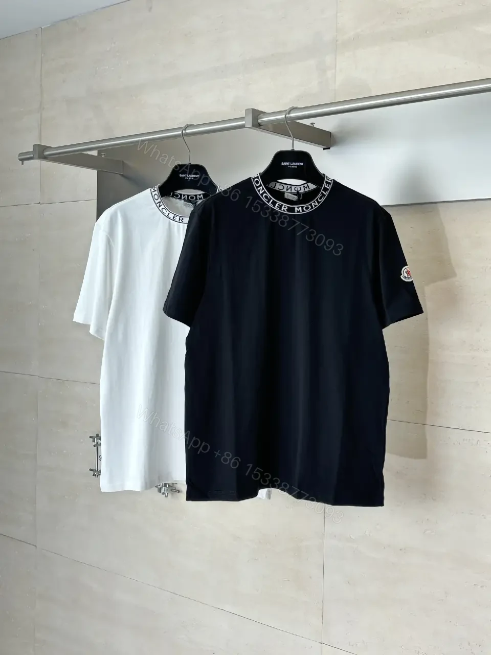 View 9 of Black Cotton Tee with Moncler Logo Collar