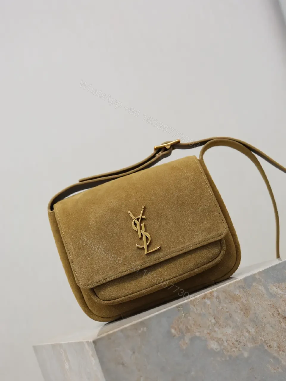 View 2 of Timeless Suede Crossbody with Gold Emblem, Compact Luxury