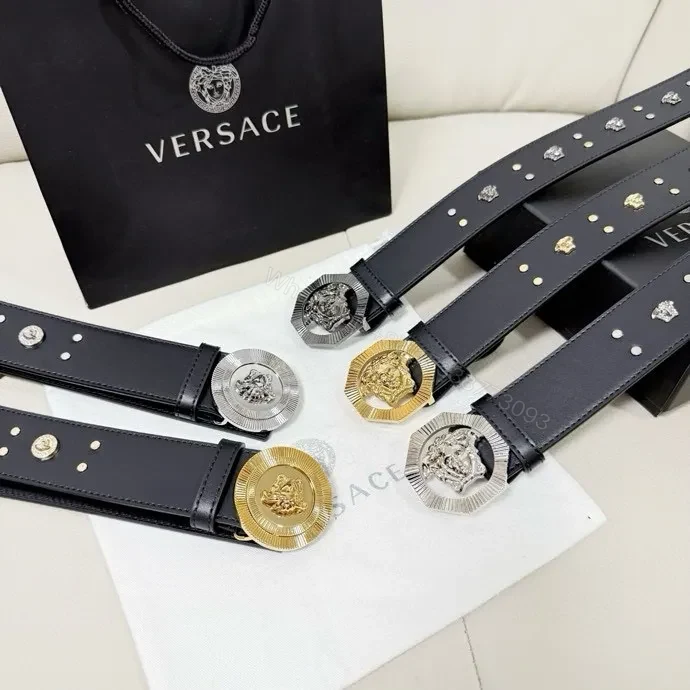 View 5 of Gold Lion Buckle Belt - Black Leather, Studded, Designer-Inspired Style