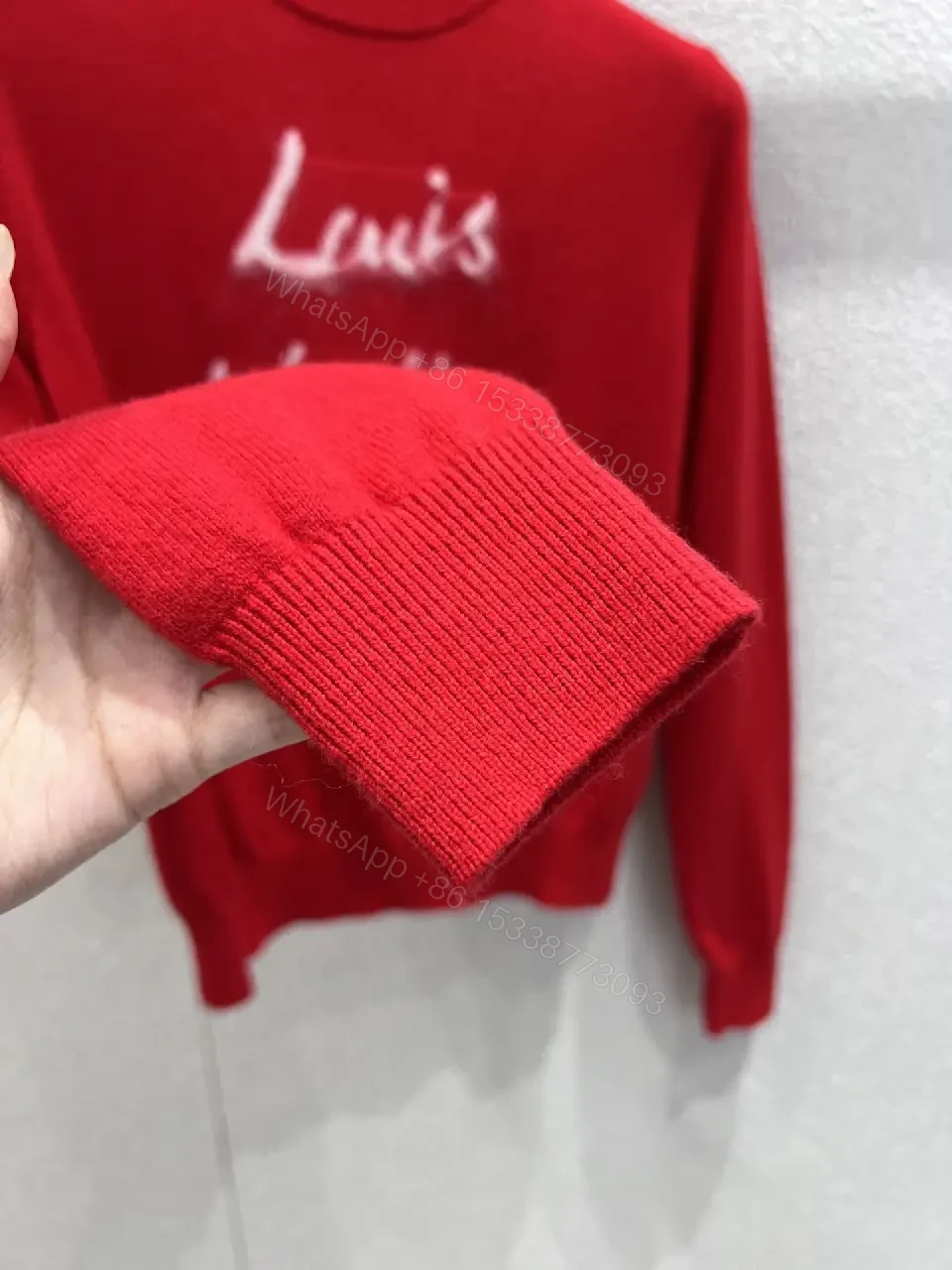 View 6 of Red Knit Crewneck with White Script Sweater Edge