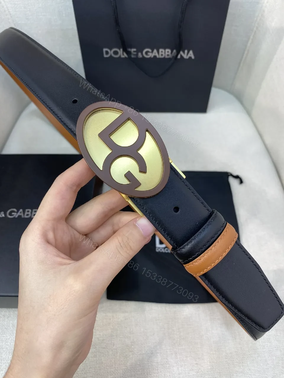 View 2 of Chic Italy Leather Belt with Bold Gold Logo Detail